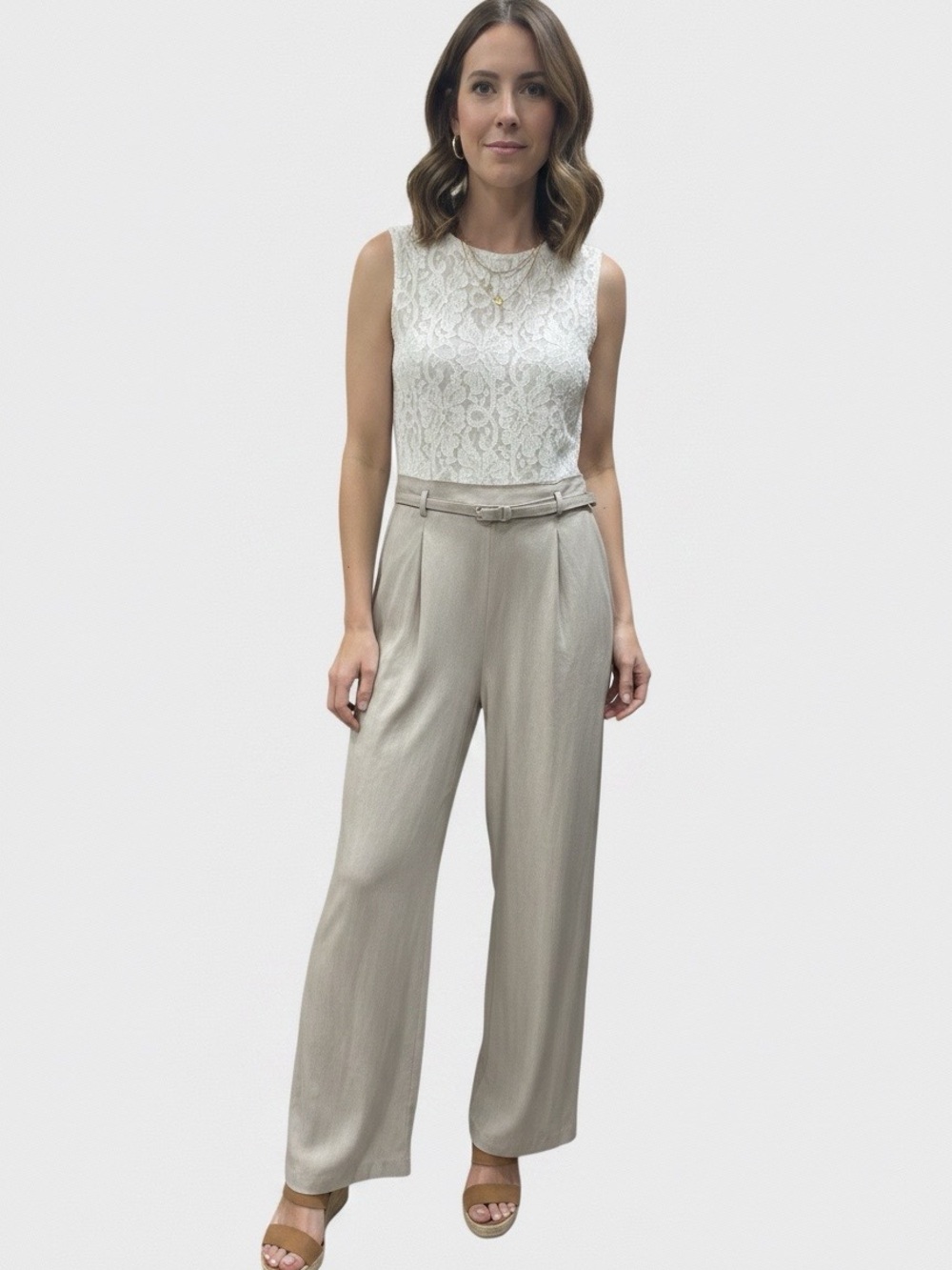 High-Rise Wide Leg Jump suit in cream and Taupe